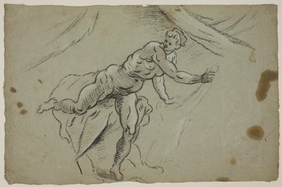 Elinde bir bez parçası olan çıplak kadın aceleyle bir çadırdan çıkıyor. by Domenico Tintoretto