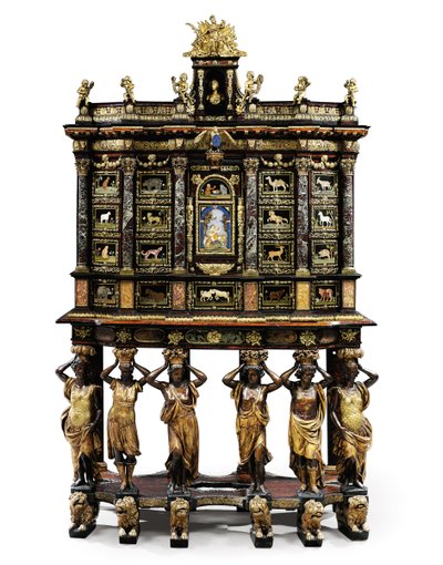Louis XIV stant üstü dolap (altın bronz, pietra dura, bağa, dişbudak, ebonize ve koli yaldızlı) (ayrıca bkz. 1766356-7) by Domenico and Gobelins workshop (attr. to) Cucci