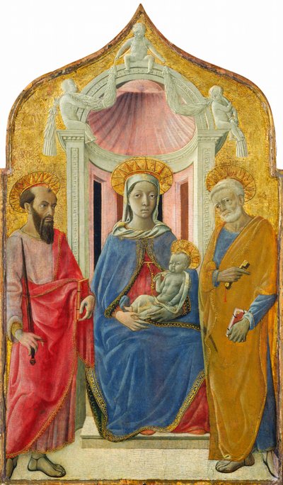 Madonna ve Çocuk Aziz Petrus ve Aziz Pavlus ile Tahtta, c.1430 (panel üzerine tempera ()) by Domenico di Bartolo