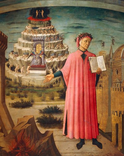 Elinde İlahi Komedya ve arka planda Araf dağlarıyla Dante Alighieri, İlahi Komedya