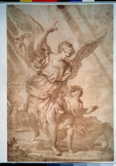""Koruyucu Melek"" (Koruyucu melek) Domenico Piola (1627-1703) tarafından kalem çizimi Puşkin Müzesi, Moskova by Domenico the Elder Piola