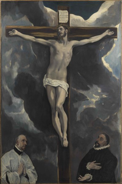 İki Donör tarafından tapılan Çarmıhtaki İsa, 16. yüzyılın sonu.. by Dominico El Greco