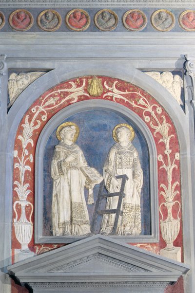 Aziz Lawrence ve Aziz Stephen, kuzey kapısının üzerindeki alçak kabartma heykel, yaklaşık 1440 (pişmiş toprak) by Donatello