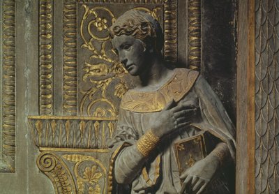 Cavalcanti Müjdesi: Donatello 1386-1466 c.1435 yaldızlı kireçtaşı tarafından Bakire ayrıntısı by Donatello