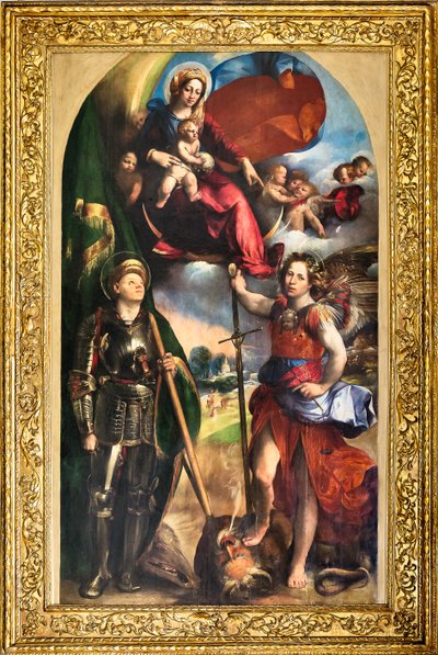 Bebek İsa ve Aziz George ve Aziz Michael Archangel ile Madonna, c.1518 (panelde yağlı boya) by Dosso Dossi