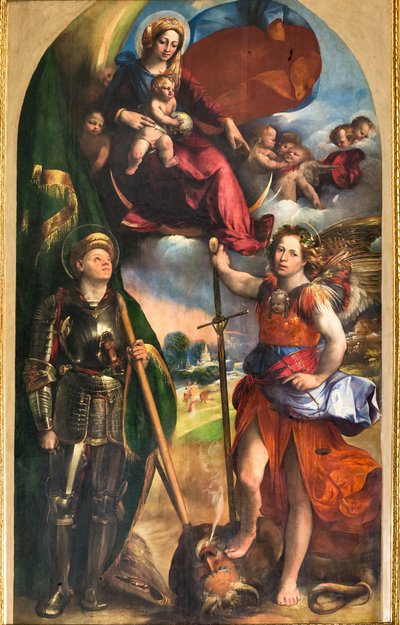 Bebek İsa ve Aziz George ve Aziz Michael Archangel ile Madonna, c.1518 (panelde yağlı boya) by Dosso Dossi