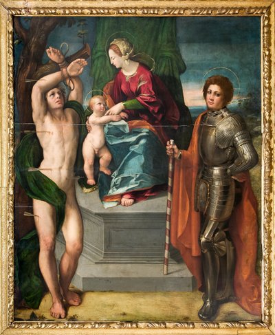 Bebek İsa ve Aziz Sebastian ve Aziz George ile Madonna, detay by Dosso Dossi