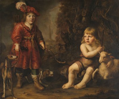 Bir Manzaradaki iki Çocuğun Portreleri, biri Avcı, diğeri Vaftizci Yahya gibi giyinmiş by Douwe Juwes de Dowe