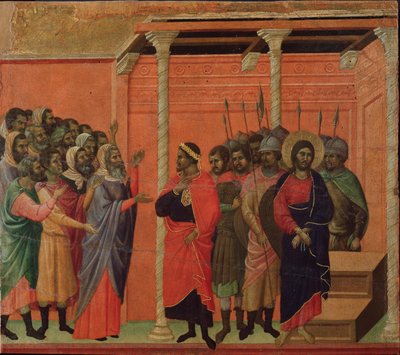 İsa, Ferisiler tarafından suçlandı. Maesta sunağı (ahşap üzerine tempera ve altın by Duccio di Buoninsegna