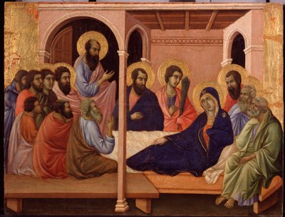 Meryem Havarileri terk eder. La Maesta Predella (ahşap üzerine tempera by Duccio di Buoninsegna