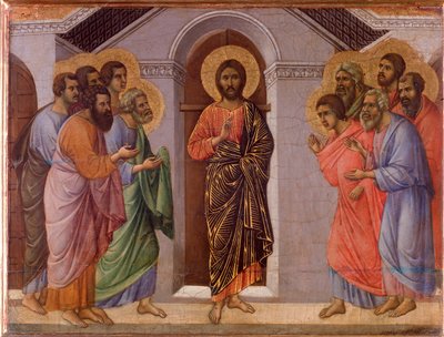 Dirilen İsa havarilere görünür. Maesta sunağı (ahşap üzerine tempera ve altın by Duccio di Buoninsegna