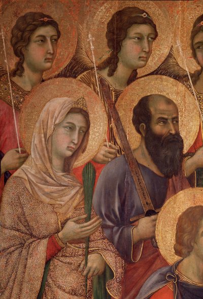Tahtta bakire ve çocuk, İskenderiyeli Aziz Catherine ve Aziz Paul ile detay. (La Maesta) (ahşap üzerine tempera ve altın by Duccio di Buoninsegna