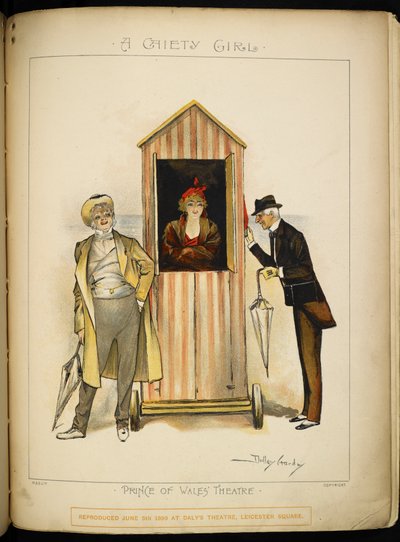 Riviera sahilinde, seyyar soyunma kabininde bir kız. İki adam, muhtemelen karakterler, yargıç ve papaz dışarıda bekliyor. by Dudley Hardy