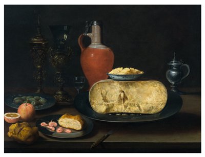 Bir Masada Peynir, Tereyağı, Ekmek, Karides, Portakal, Zeytin ve Şarap ile Natürmort by Dutch School