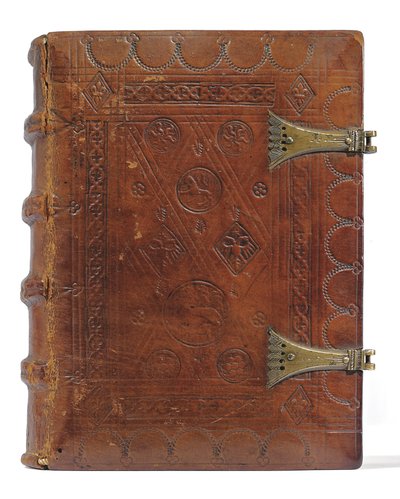 Saatler Kitabı ve Dua Kitabı Hollandaca, Aşağı Rheinland, Emmerich, Cleves, c.1480 (parşömen ve kağıt üzerinde mürekkep ve pigment, metal tokalı panoların üzerine dana derisiyle ciltlenmiş) by Dutch School