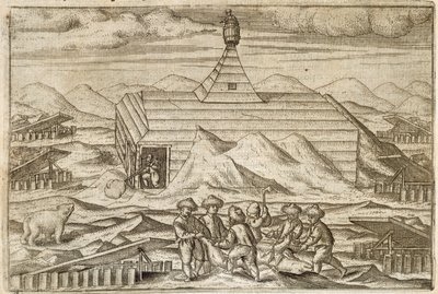 Keşif gezisinin kışladığı kabinin dışında mürettebat öldürme ve ayıların derisini yüzerken, Gerrit de Veer tarafından 'Diarium Nauticum, seu vera descriptio trium navigum admirandarum...'dan bir çizim by Dutch School