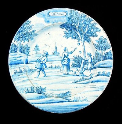Eylül ayını gösteren delftware levhası (kalay sırlı çanak çömlek) by Dutch School