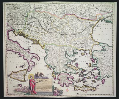 Yunanistan, Macaristan ve çevre ülkeler haritası (el renkli gravür) by Dutch School