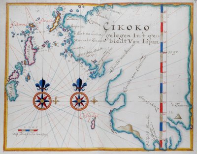 Japonya, Kyushu adasının güney kesiminin haritası (kağıt üzerine kalem ve suluboya) by Dutch School