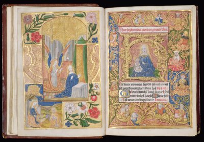 Ms 144, ff.13v-14r: Müjde ve Bakire ve Çocuk, Saatler Kitabından minyatürler, Utrecht