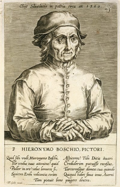 Theodor Galle (1571-1633) tarafından kazınmış bir dizi sanatçı portrelerinde Hieronymus Bosch