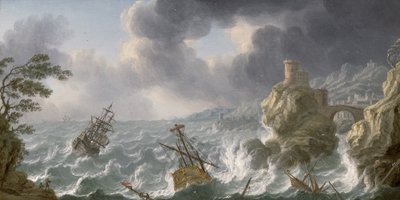 Kayalık bir sahilde bir fırtınada gemi enkazı by Dutch School