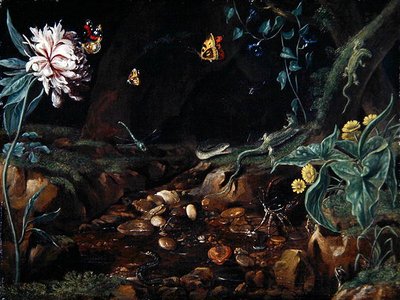 Çiçekler ve sürüngenlerle dolu bir vadide akarsu (tuval üzerine yağlı boya) by Dutch School