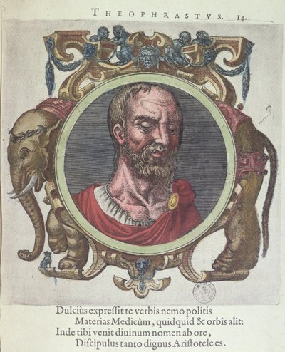 Theophrastus (c.372-287 BC), Johannes Sambucus (1531-84) tarafından Eski ve Yeni Fizik ve Filozoflardan alınan çizim, Plantin tarafından Leyden 1603