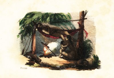 Yaprak ve dallardan yapılmış bir kulübede dinlenen göçebe Puri ailesi, hamakta yatan adam, ateşte et kavuran kadın by Duverger Duverger