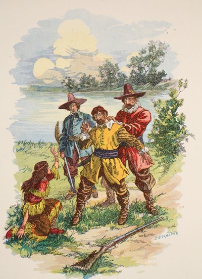 Yakasının arkasından tutuldu, Edward S. Ellis'in 'Pocahontas: Ormanın Prensesi'nden bir çizim, pub. McLoughlin Kardeşler, New York, 1912 dolayları by E.B. Comstock