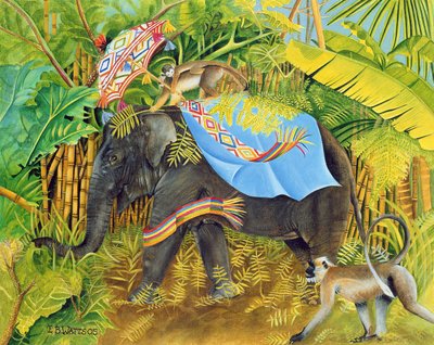 Maymunlu ve Şemsiyeli Fil, 2005 (tuval üzerine akrilik) by E.B. Watts