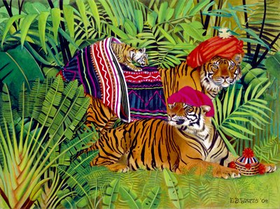 Tay Giysili Kaplan Ailesi, 2004 (tuval üzerine akrilik) by E.B. Watts