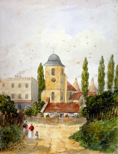 St Pancras Eski Kilisesi ve Adem ve Havva Tavernası, Londra, 1830. by EH Dixon