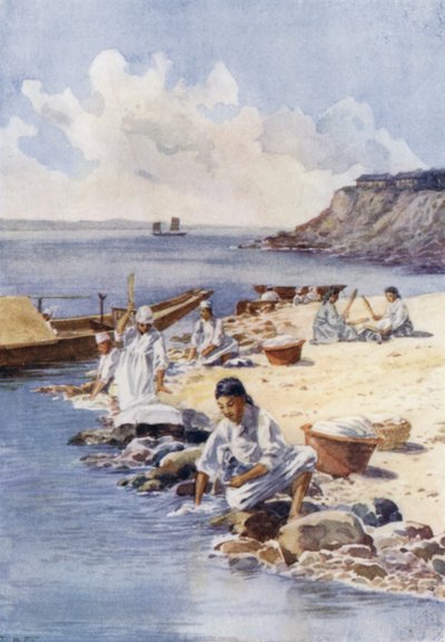 Nehirde çamaşır yıkayan Koreli kadınlar (renkli taş) by E.H. Fitchew