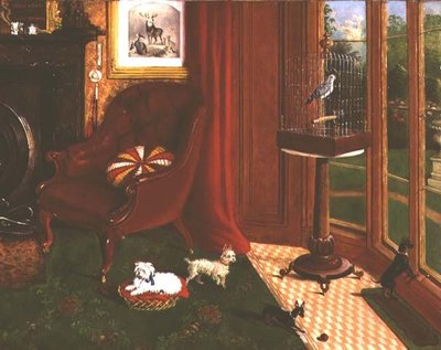 Bir kafeste teriyer ve papağan ile iç by E.M. Fox