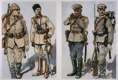 Türk Piyade ve Subay (solda) ve 1917 Bulgar Piyade Subay ve Piyade (sağda) 1917 (renkli lito) by E. (after) Dobrich