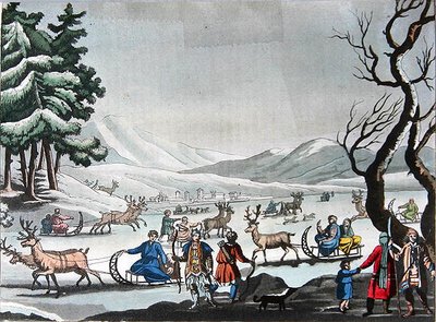 Ren geyiği tarafından çekilen kızaklarda kış kampından ayrılan Tungus, 1820 dolayları (renkli gravür) by E. (after) Karnejeff
