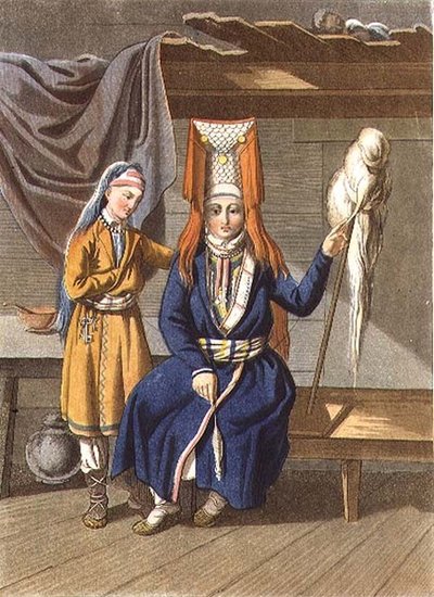 Votyak Kadın İplikçiliği, Jegor Skotnikoff (1782-1843) tarafından kazınmış (litho) by E. (after) Karnejeff