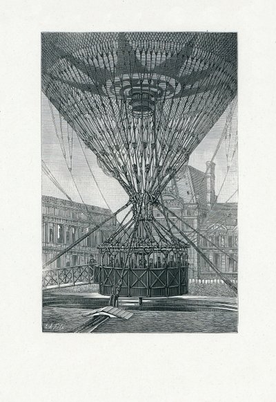 Sıcak Hava Balonu kullanarak Panoramik Görüntüleme Platformu, pub. c.1880 (bw gravür) by E. A. Tilly