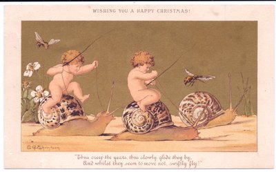 Altın bir arka plana karşı eşekarısı eşliğinde salyangozlara binen iki çıplak bebekten oluşan Viktorya dönemine ait bir Noel kartı, 1895 dolayları (renkli lito) by E. Gertrude Thompson