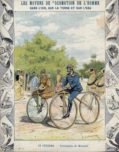 Pierre Michaux ve Michaudine velocipedes - 19. yüzyılın sonlarında okul kitapları için koruyucu bir kılıftan - velocipedes a pedale (les michaudines) Pierre Michaux (1813-1883) by E. Letellier