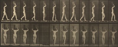 Plaka Numarası 34. Yürümek ve 15 libre taşımak. kafasına sepet, eller kaldırılmış, 1887. by Eadweard Muybridge