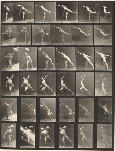Plaka Numarası 523. A: Bir darbe vurmak. B, E: Disk atma. C, F: 75 librelik bir ağırlık kaldırma. Taş..., 1887. by Eadweard Muybridge