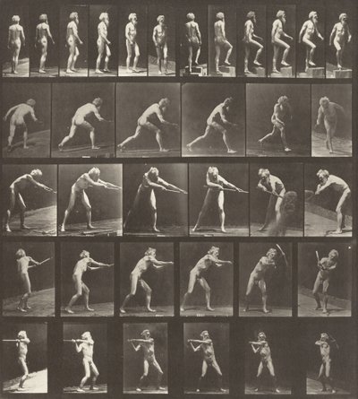 Plaka Numarası 521. A: Yürüyüş. B: Bir basamak çıkmak. C: Diski fırlatmak. D: Kürek kullanmak. E, F: Bir seçim kullanma by Eadweard Muybridge