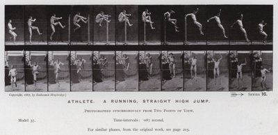 Hareket Halindeki İnsan Figürü: Atlet, koşan, düz yüksek atlama (s/b fotoğraf) by Eadweard Muybridge