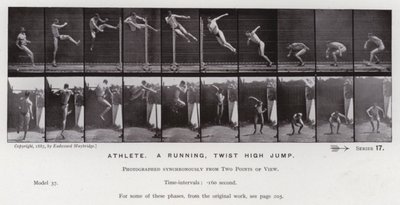 Hareket Halindeki İnsan Figürü: Atlet, koşan, burgulu yüksek atlama (s/b fotoğraf) by Eadweard Muybridge