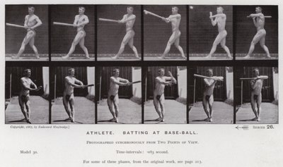 Hareket Halindeki İnsan Figürü: Atlet, beyzbol topuna vuruş yapıyor (s/b fotoğraf) by Eadweard Muybridge