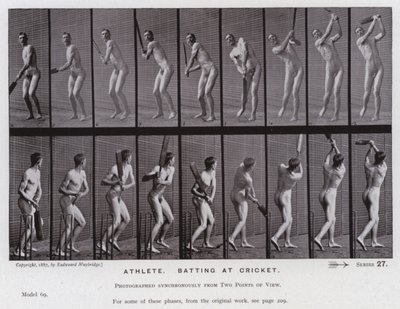 Hareket Halindeki İnsan Figürü: Atlet, krikette vuruş yapıyor (s/b fotoğraf) by Eadweard Muybridge