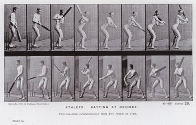 Hareket Halindeki İnsan Figürü: Atlet, krikette vuruş yapıyor (s/b fotoğraf) by Eadweard Muybridge