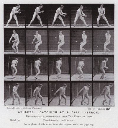 Hareket Halindeki İnsan Figürü: Atlet, topu yakalama, "hata" (s/b fotoğraf) by Eadweard Muybridge